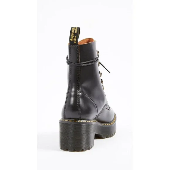 Dr. Martens Heeled Boot Women Black Leona Leather Fashion Boot Sole slip Shoes